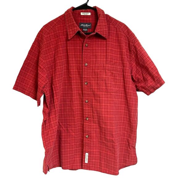 Eddie Bauer Plaid Chambray Red Shirt Short Sleeve XL 100% Cotton Button Down - Picture 1 of 6